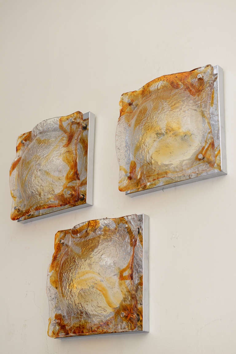 Italian Mazzega Murano Vintage Fused Amber, Orange and Clear Glass Wall Sconces Set Six For Sale