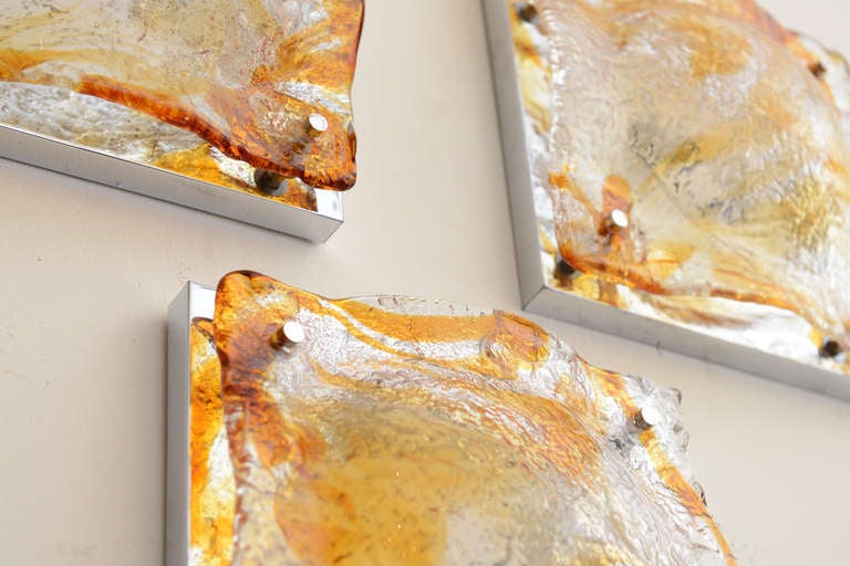 Verre de Murano  Murano Mazzega - Appliques murales en verre fusionné ambre, orange et transparent - Ensemble de six appliques vintage en vente