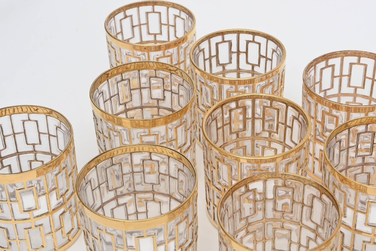 Mid-Century Modern Set of 22 Pieces of Shoji Screen Gold Plated Overlay over Clear Glass Barware