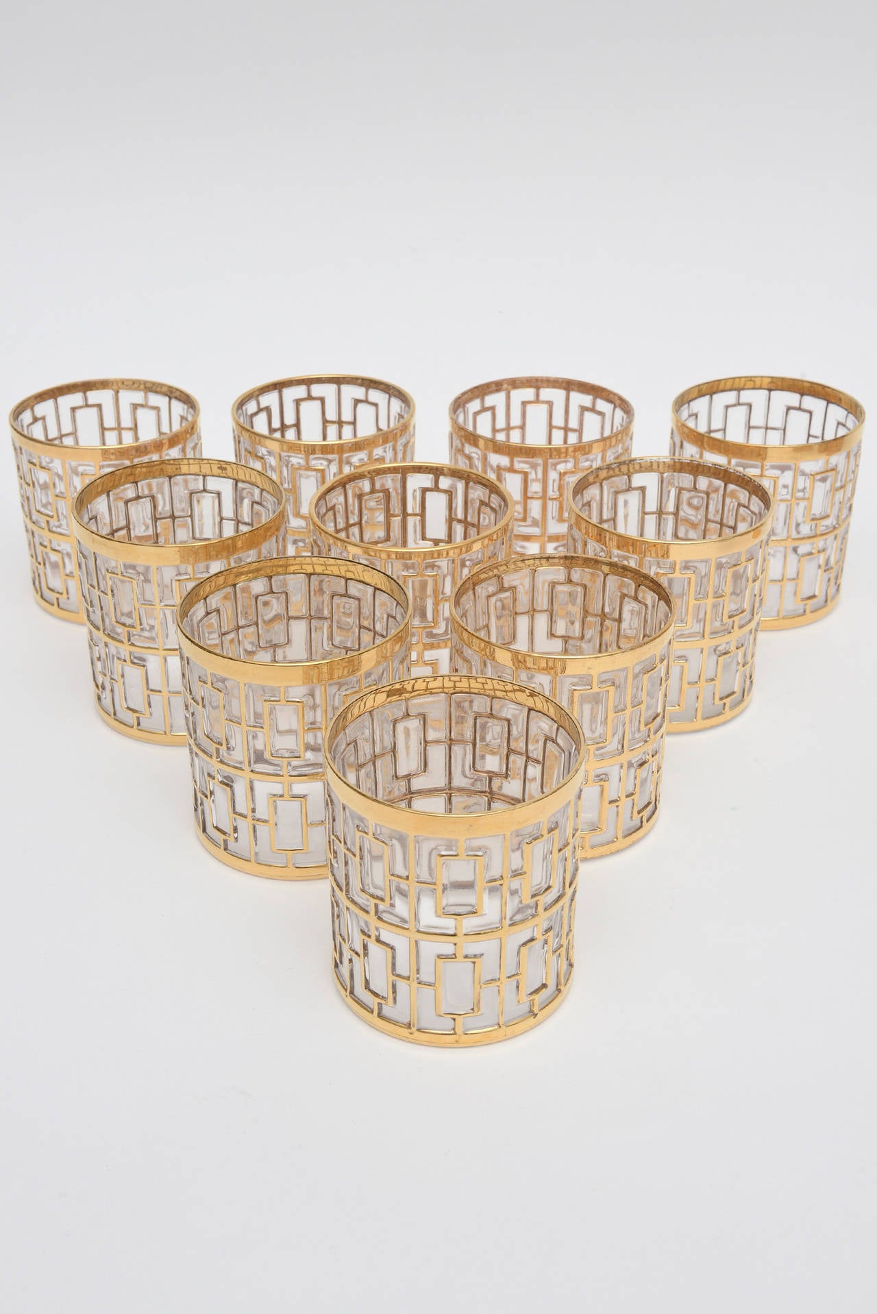 Set of 22 Pieces of Shoji Screen Gold Plated Overlay over Clear Glass Barware In Excellent Condition In North Miami, FL
