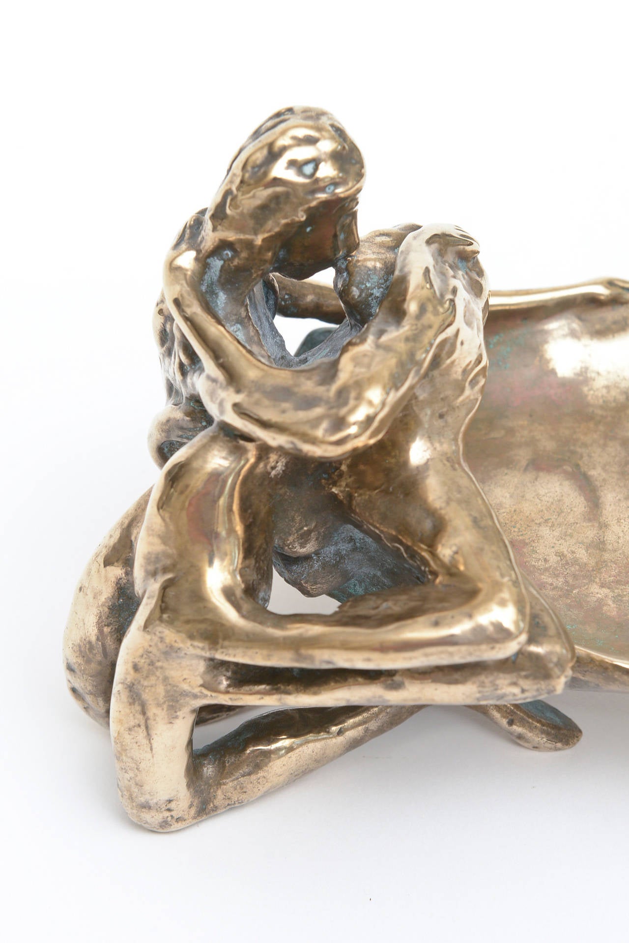 Late 20th Century Victor Zaikine Vintage Bronze Senusal Sculpture Titled Lovers Embrace For Sale