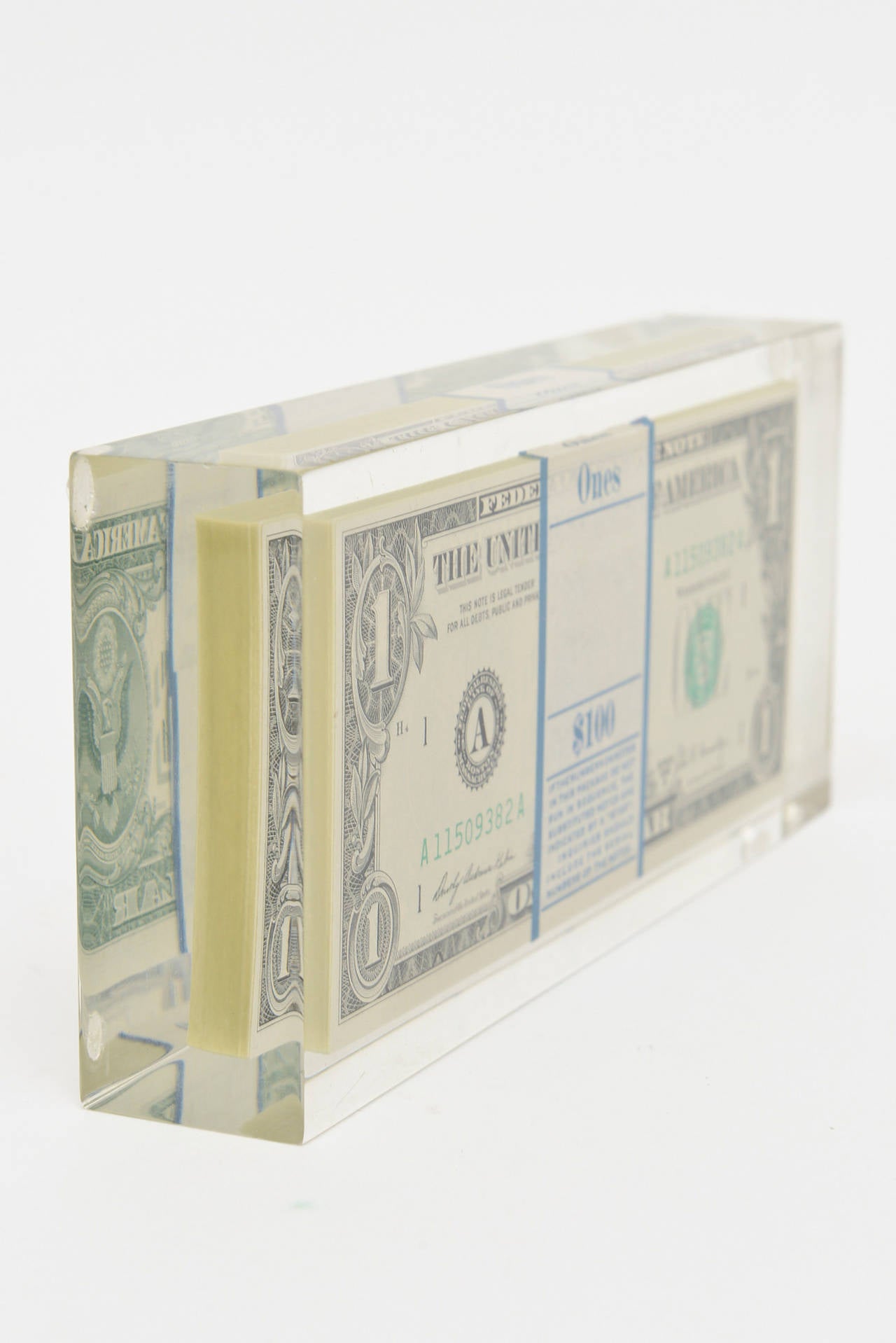 Modern Pop Art Illusion Dollar Bill Lucite Sculpture Vintage