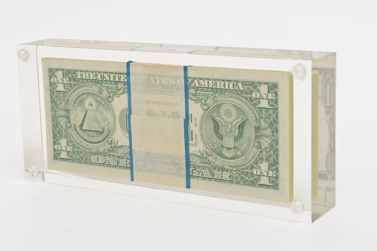 American Pop Art Illusion Dollar Bill Lucite Sculpture Vintage