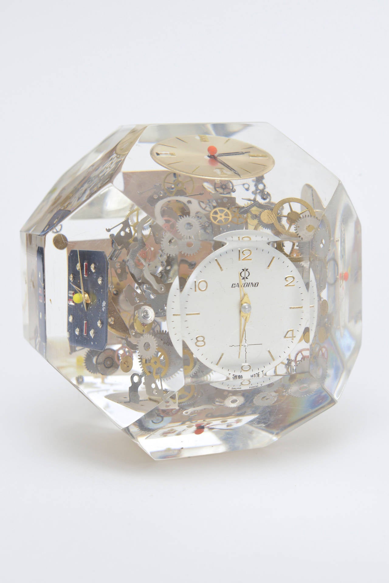 American Arman Style Clock and Watch Parts Lucite Faceted Paperweight Sculpture