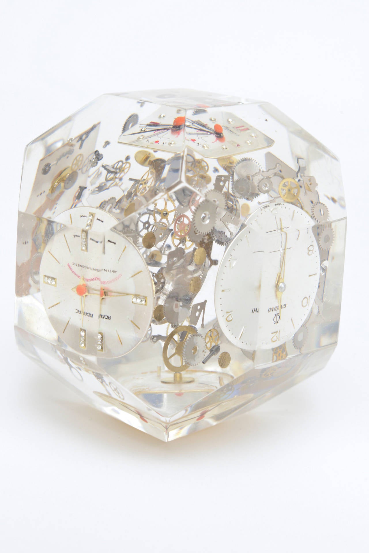 Late 20th Century Arman Style Clock and Watch Parts Lucite Faceted Paperweight Sculpture