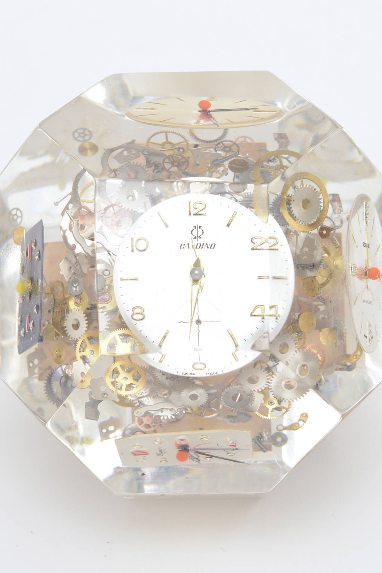 Arman Style Clock and Watch Parts Lucite Faceted Paperweight Sculpture 3