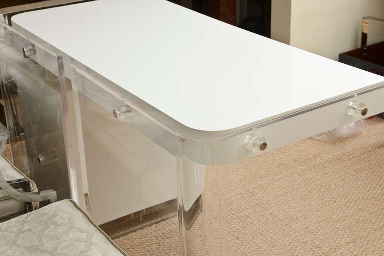 Fabulous Kagan Style White Lacquered and Lucite Desk with Original Lucite Pulls 1