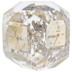 Arman Style Clock and Watch Parts Lucite Faceted Paperweight Sculpture