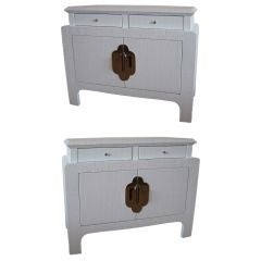 Pair of White Lacquered Linen Wrapped Night Stands