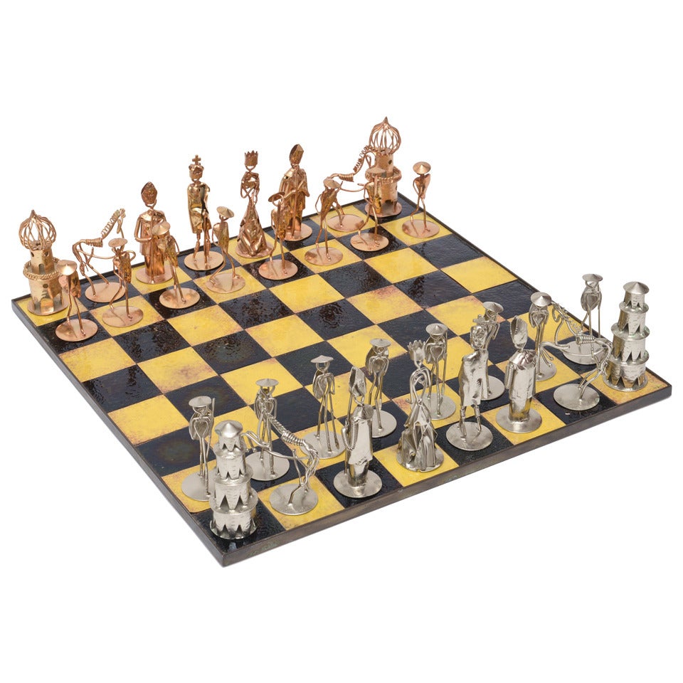 Custom Hand Wrought Enamel, Copper and Chrome Checkerboard Chess Set