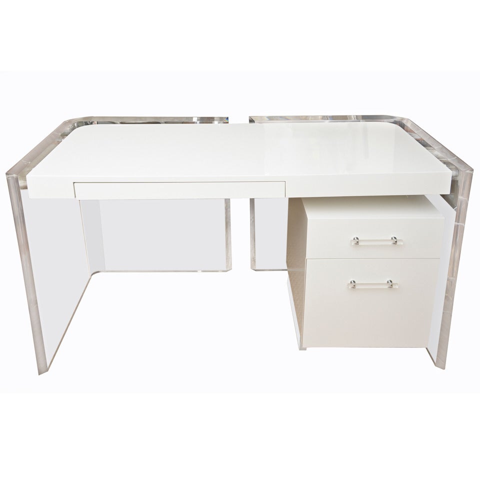 Fabulous Kagan Style White Lacquered and Lucite Desk with Original Lucite Pulls