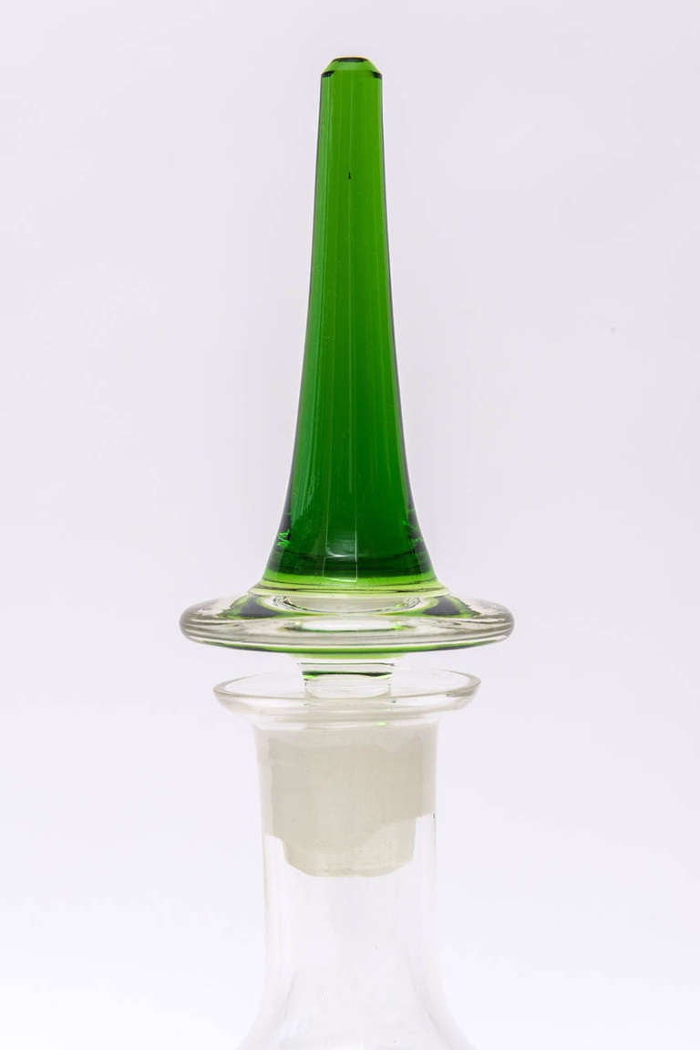 Mid-Century Modern Murano Teardrop Kelly Green Glass Decanter with Stopper Barware Vintage