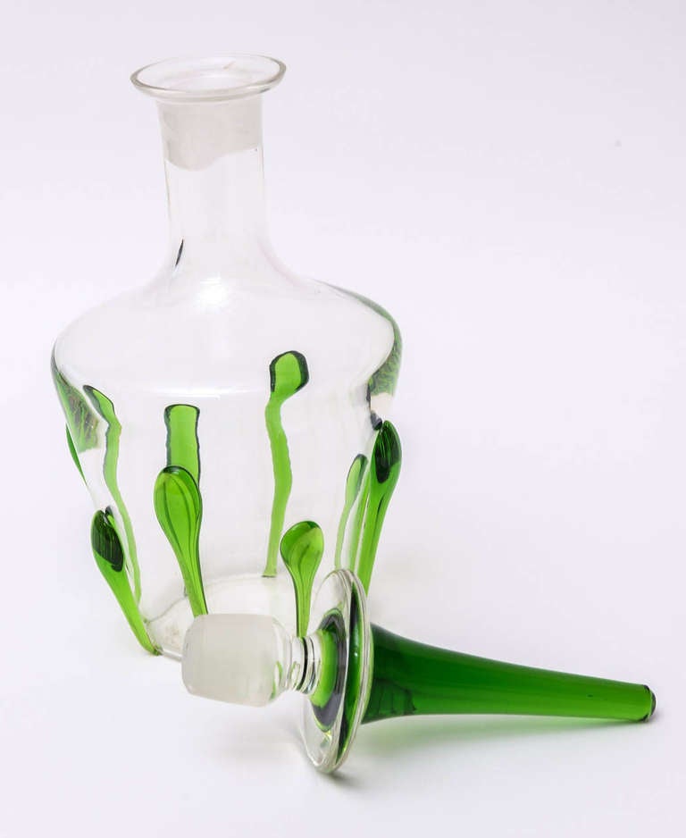 Italian Murano Teardrop Kelly Green Glass Decanter with Stopper Barware Vintage