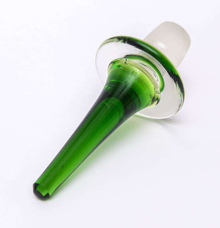 Mid-20th Century Murano Teardrop Kelly Green Glass Decanter with Stopper Barware Vintage