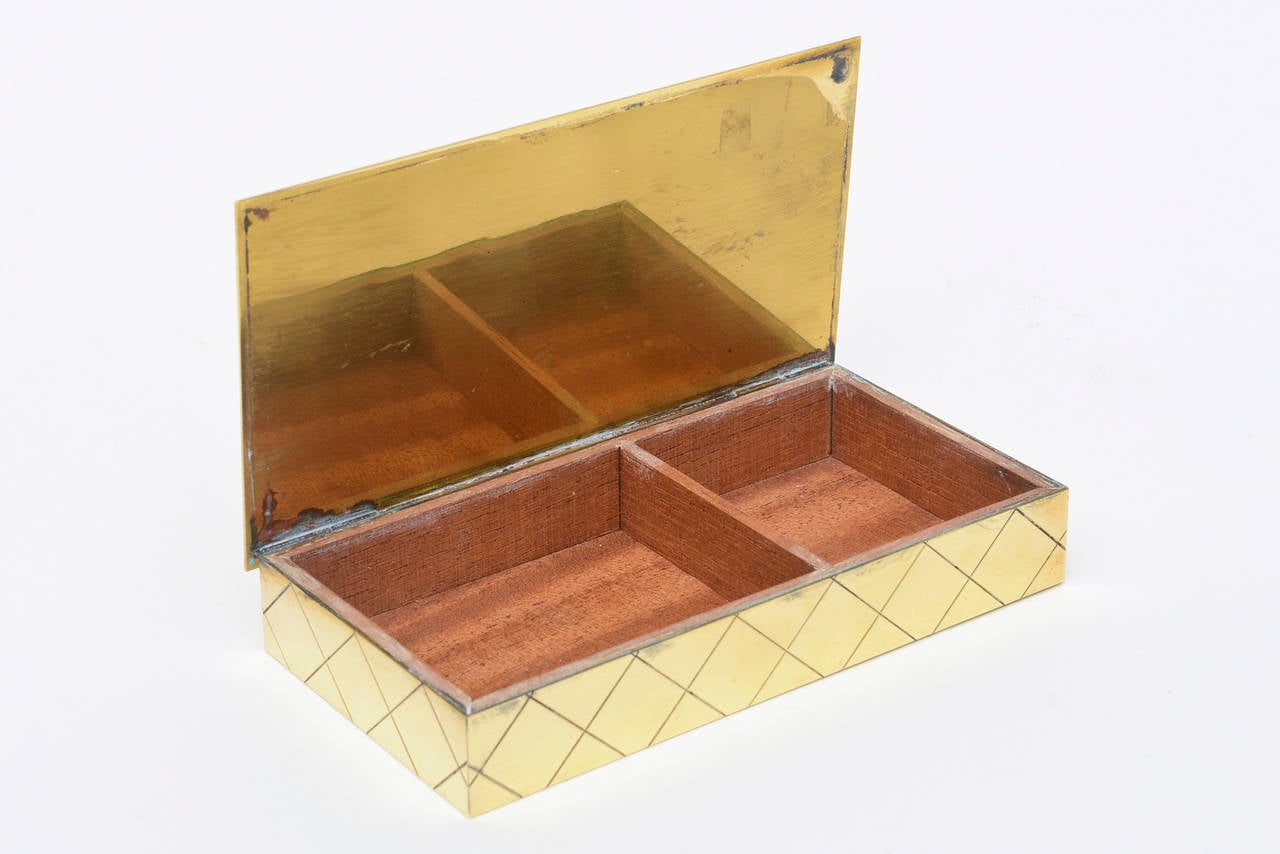 American Tommi Parzinger Polished Diamond Criss Cross Brass and Wood Box