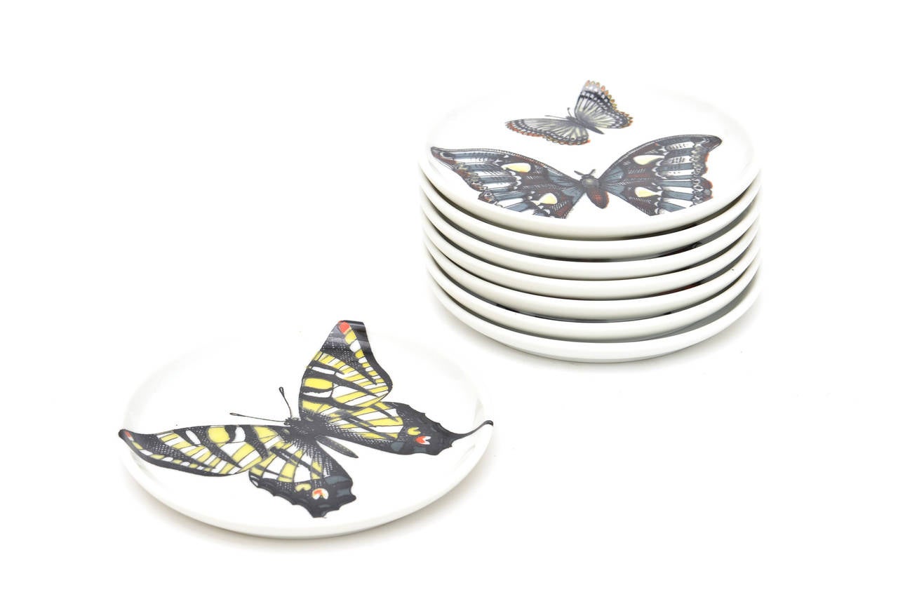 Italian Set of Eight Piero Fornasetti Vintage Butterfly Porcelain Coasters