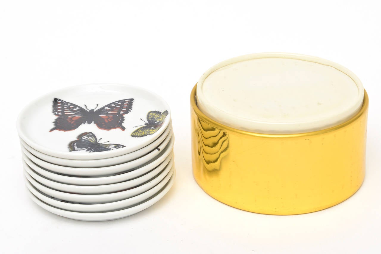Set of Eight Piero Fornasetti Vintage Butterfly Porcelain Coasters In Excellent Condition In North Miami, FL