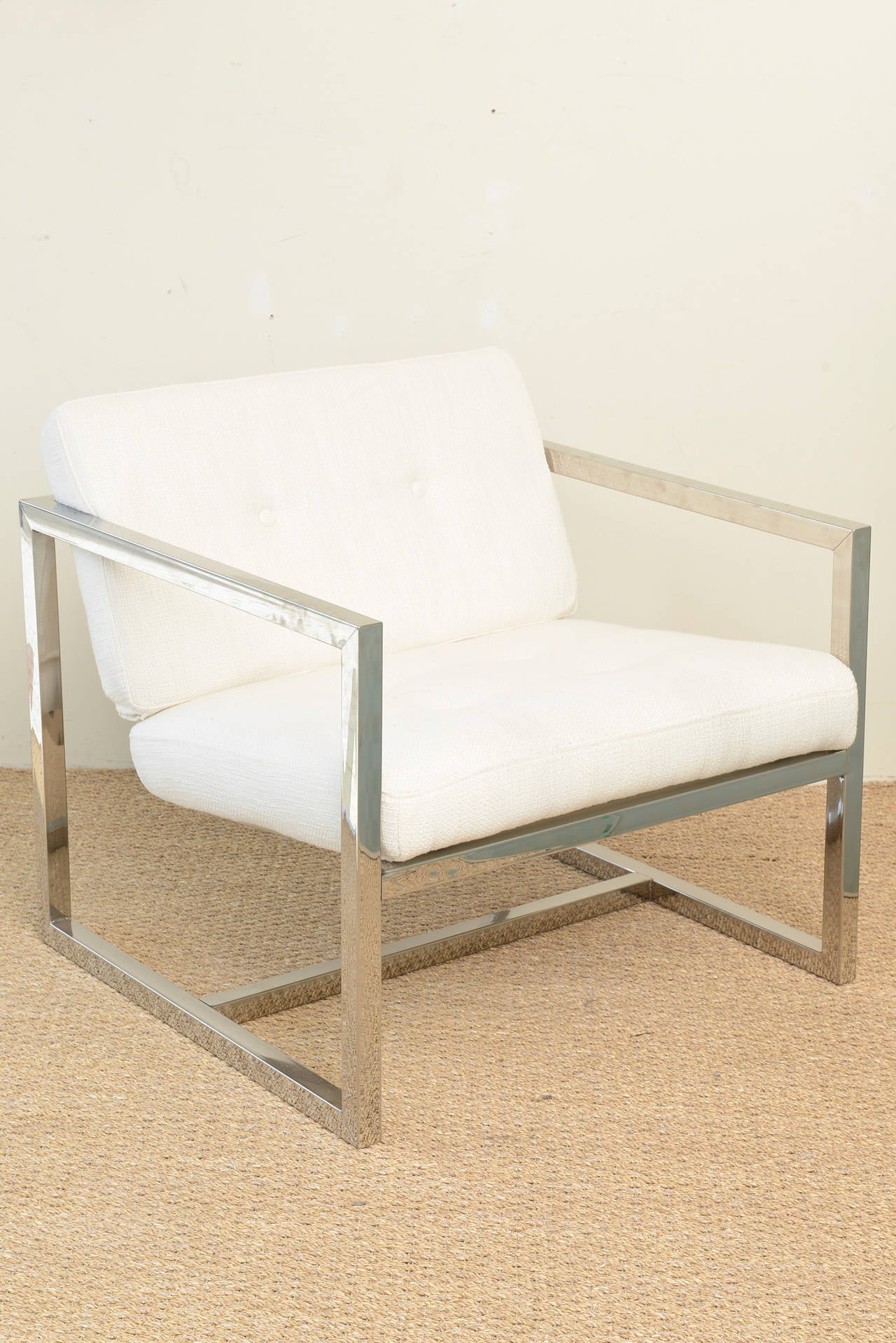 Modern Pair of Architectural Milo Baughman Style Chrome and Upholstered  Lounge Chairs