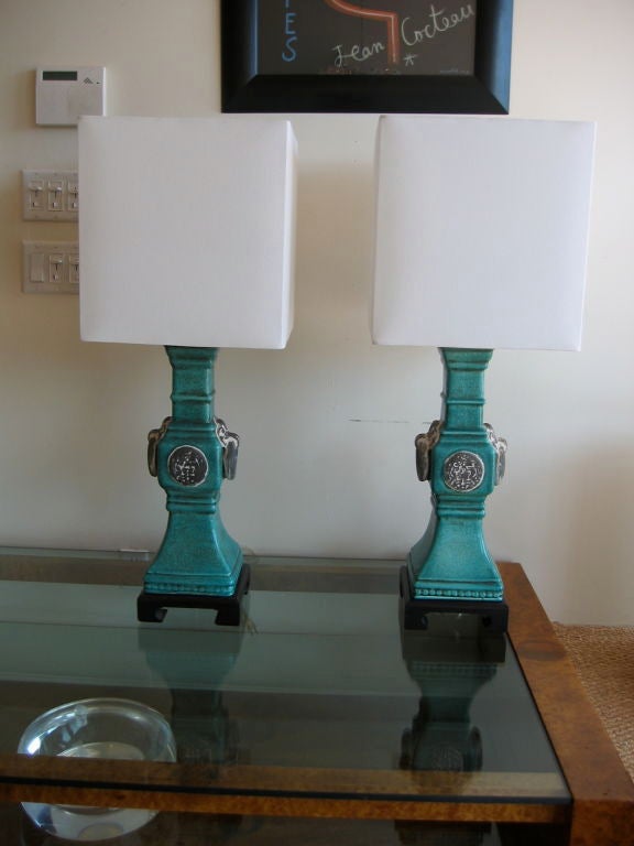 American James Mont Style Turquoise Ceramic Lamps
