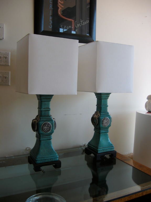 James Mont Style Turquoise Ceramic Lamps In Excellent Condition In North Miami, FL
