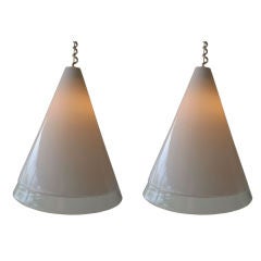 Pair of Italian Hanging White Case Glass Pendant Lamps