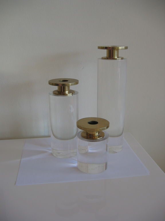 Trio of Lucite & Brass Cylindrical Candle Sticks