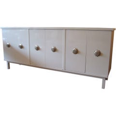Impressive White Lacquered Credenza with Nickel Silvered Pulls