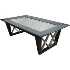 Black Satin X Frame Cocktail Table with Eglomise Mirrored Top Vintage