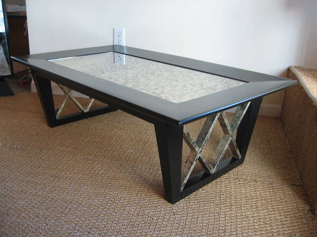 Mid-Century Modern Black Satin X Frame Cocktail Table with Eglomise Mirrored Top Vintage For Sale
