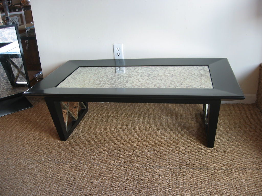 American Black Satin X Frame Cocktail Table with Eglomise Mirrored Top Vintage For Sale