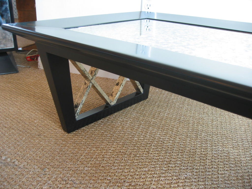 Black Satin X Frame Cocktail Table with Eglomise Mirrored Top Vintage For Sale 2