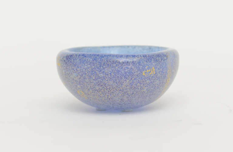 This beautiful, sweet and small Italian Murano  glass bowl/dish
is a luscious color of periwinkle with a multitude of gold aventurine.