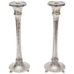 Pair of Hand Hammered Silver-Plate Tall Candlesticks