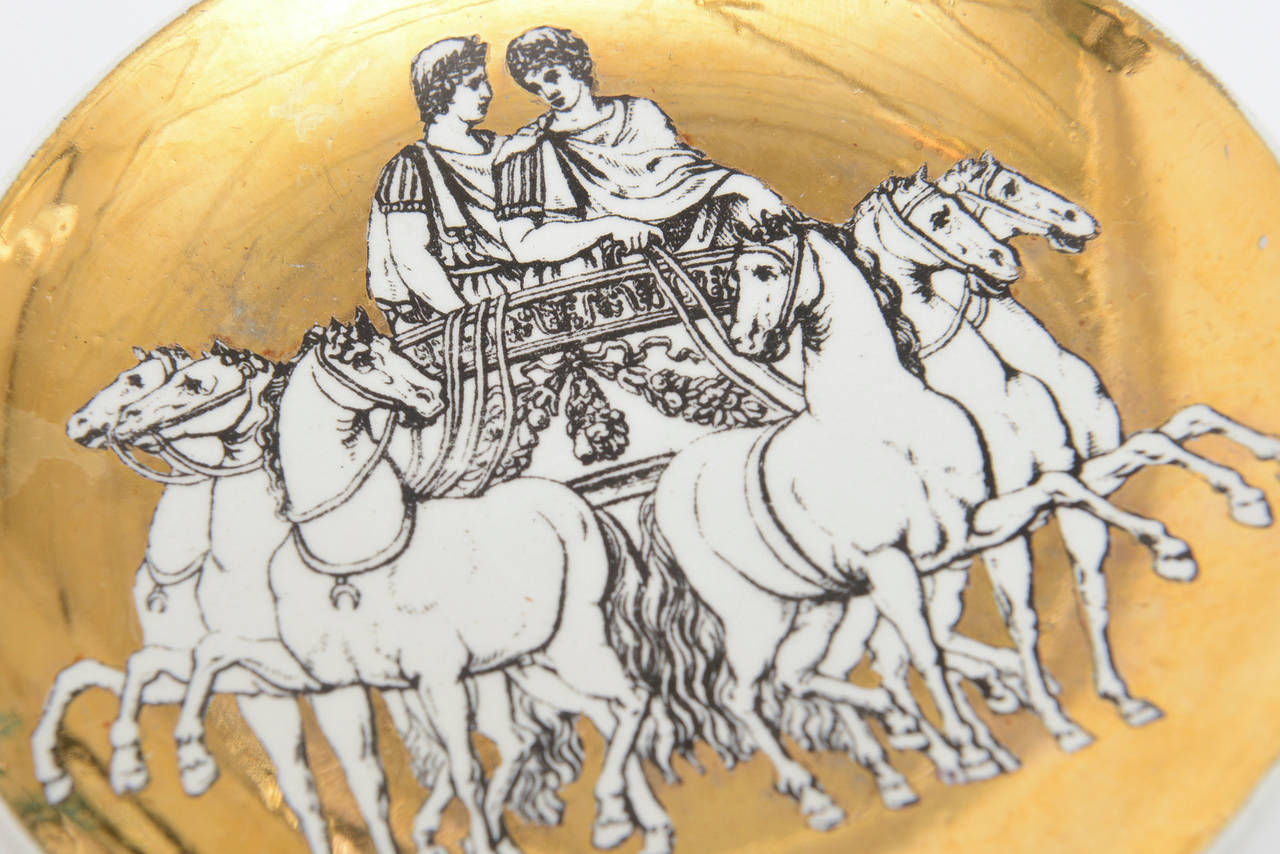 Set of Eight Italian Fornasetti Gilded Porcelain Roman Chariot Coasters In Excellent Condition In North Miami, FL