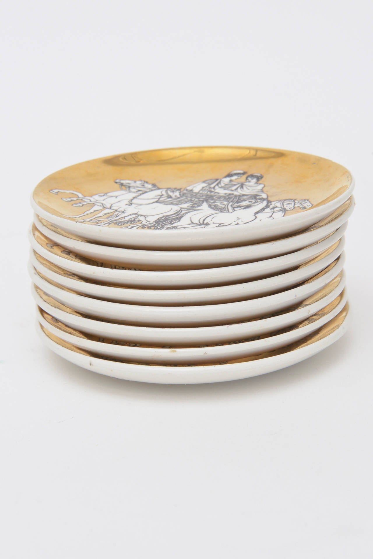 Gold Set of Eight Italian Fornasetti Gilded Porcelain Roman Chariot Coasters