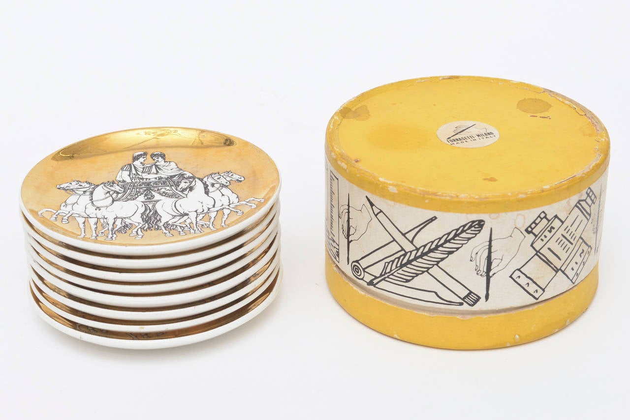 Set of Eight Italian Fornasetti Gilded Porcelain Roman Chariot Coasters 2