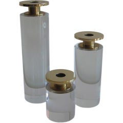 Trio of Lucite & Brass Cylindrical Candle Sticks