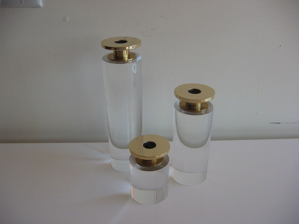 Trio of Lucite & Brass Cylindrical Candle Sticks
