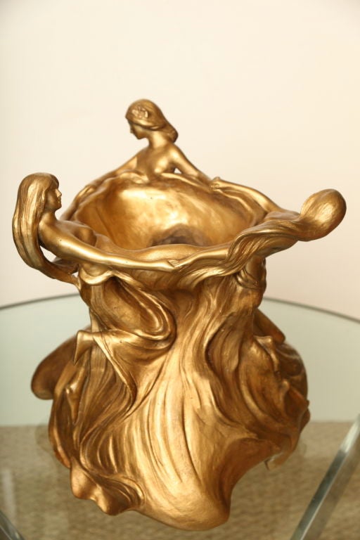 Friedrich Goldscheider Three Nymph Ceramic and Gold Leaf Vessel In Excellent Condition In North Miami, FL