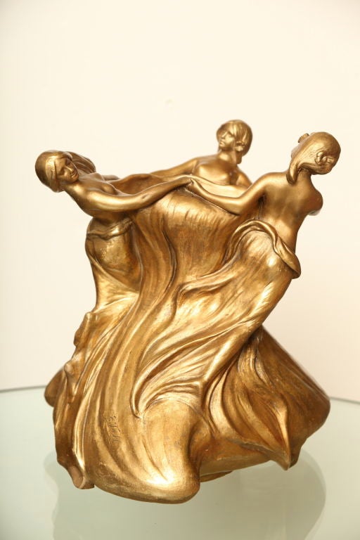 20th Century Friedrich Goldscheider Three Nymph Ceramic and Gold Leaf Vessel