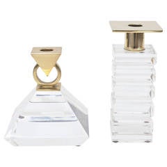 Pair of Vintage Brass and Lucite Sculptural Candlesticks