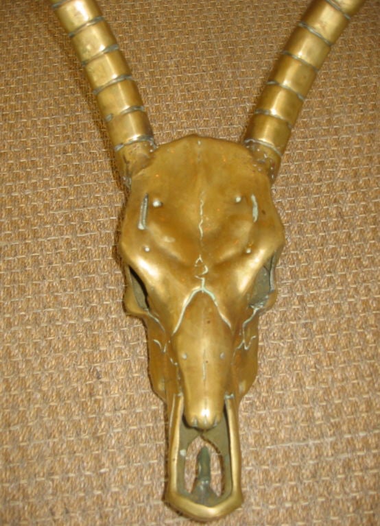 This brass skull with exaggerated curved horns is a fabulous art object and a piece of sculpture.  It can be displayed on a cocktail table, accent table, console or even mounted on a wall.