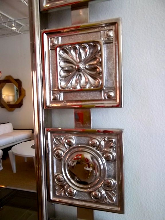 American Mid-Century Modern Nickeled Silver Over Brass Wall Mirror, Fleur de Lis Designs For Sale