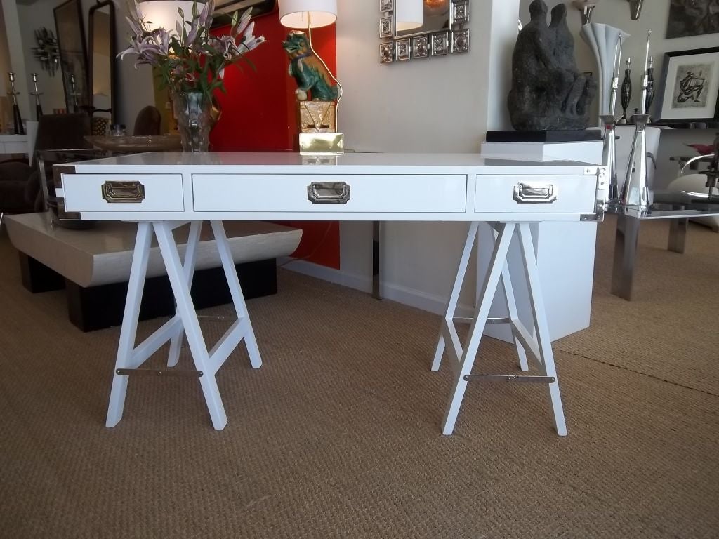 Lacquered Chic White Lacquer And Nickeled Silver Campaign Desk