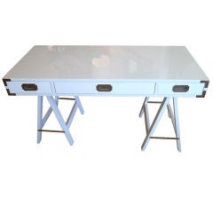 Chic White Lacquer And Nickeled Silver Campaign Desk