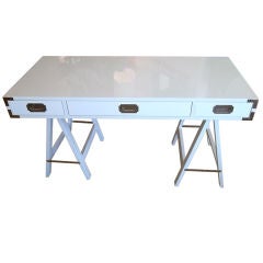 Vintage Chic White Lacquer And Nickeled Silver Campaign Desk