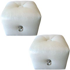 Pair Of  Silver And White Linen Upholstered Poufs/Ottomans