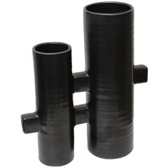 Japanese 2 Cylinder Signed Black Ceramic Architectural Vase/Vessel 9