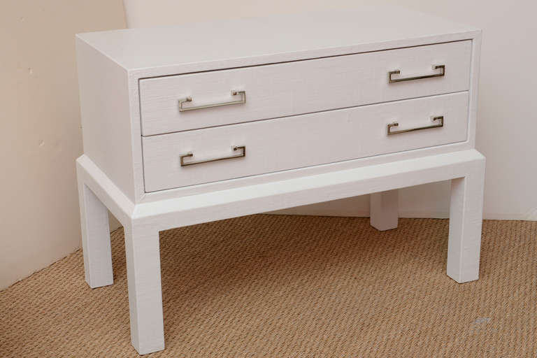 Modern Pair of Karl Springer Style White Lacquered over Linen Night Stands