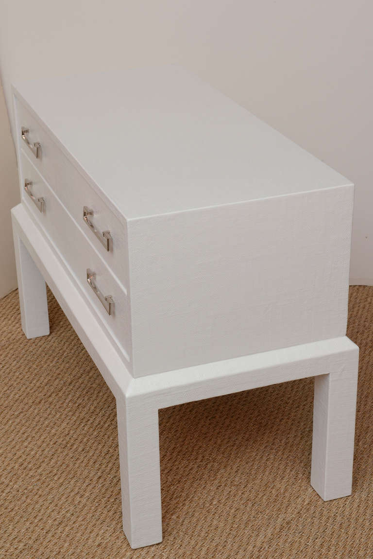 Late 20th Century Pair of Karl Springer Style White Lacquered over Linen Night Stands